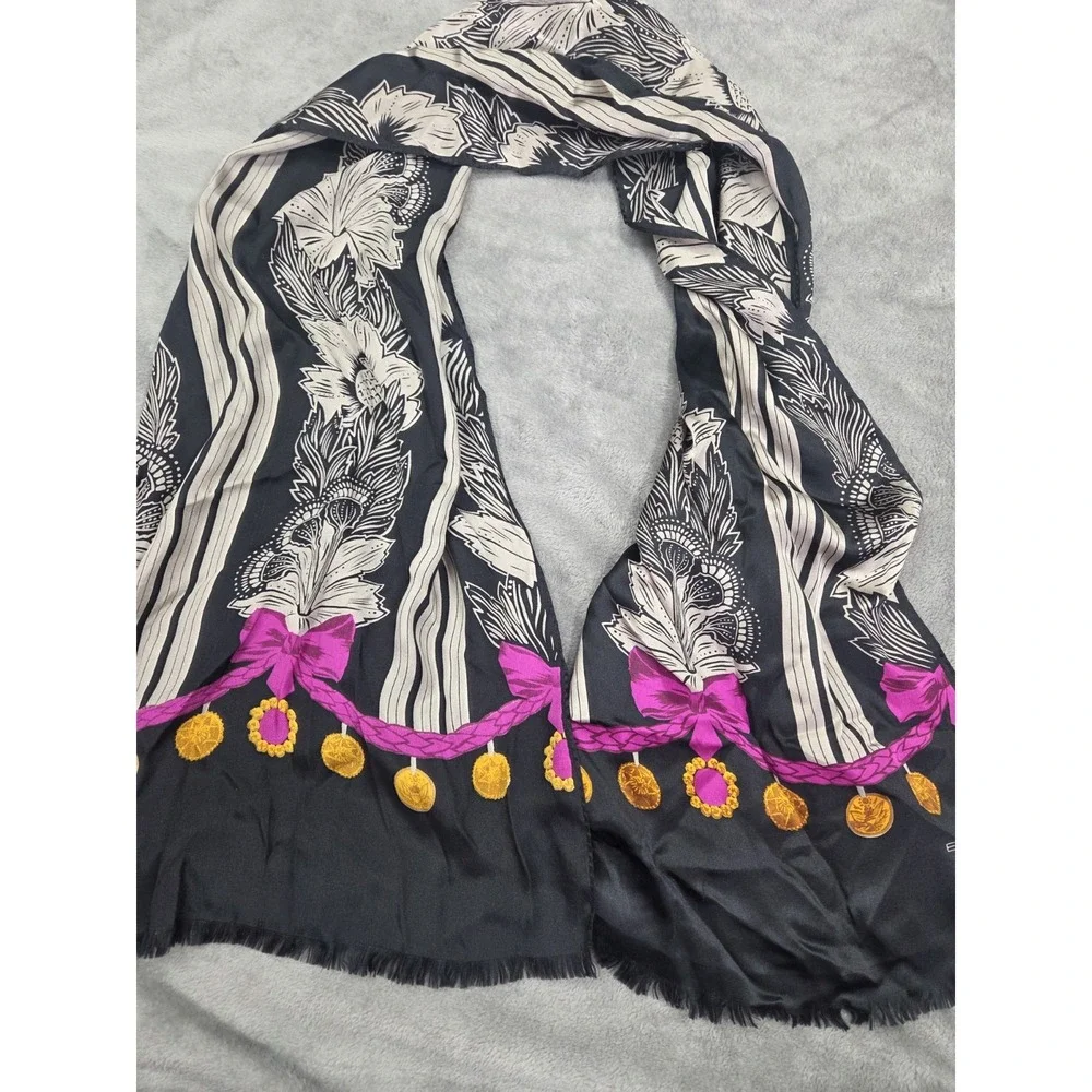 Gorgeous Black White Hot Pink Silk Scarf Bows Gold Medallions Rectangle 59 Inch